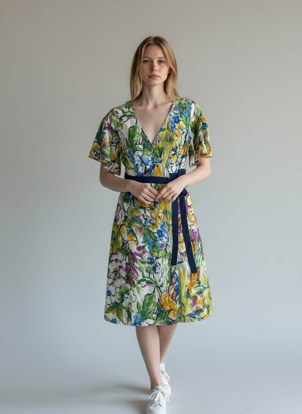 Vintage 90's Jonathan Martin Floral Wrap Dress 10 Blue Pink Flowy Polyester